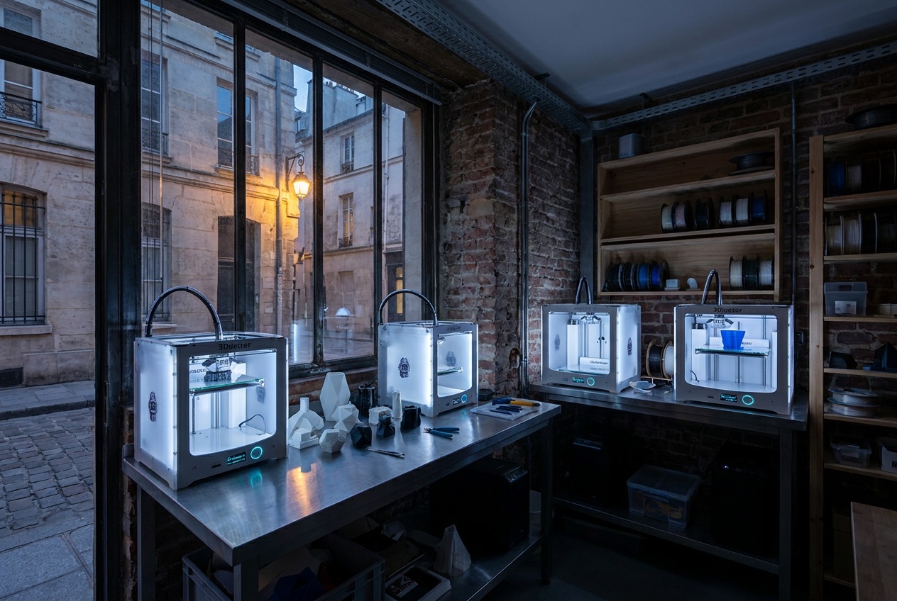 Atelier d'impression 3D : imprimantes alignées sur des établis, vitrine sur rue
