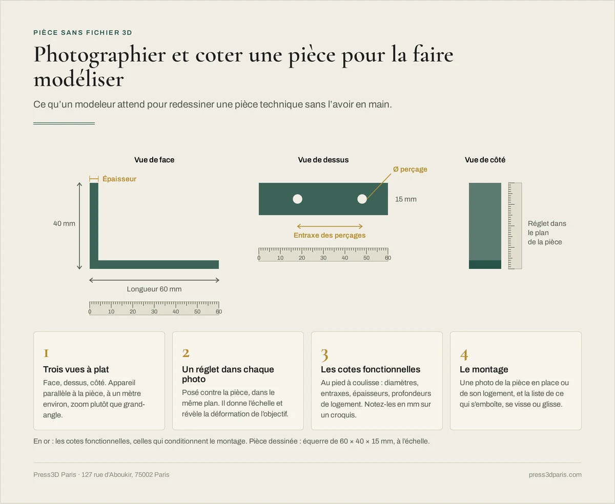 Trois vues cotées d'une équerre de 60 × 40 × 15 mm avec réglets, cotes fonctionnelles en or, et les quatre consignes pour photographier et mesurer une pièce