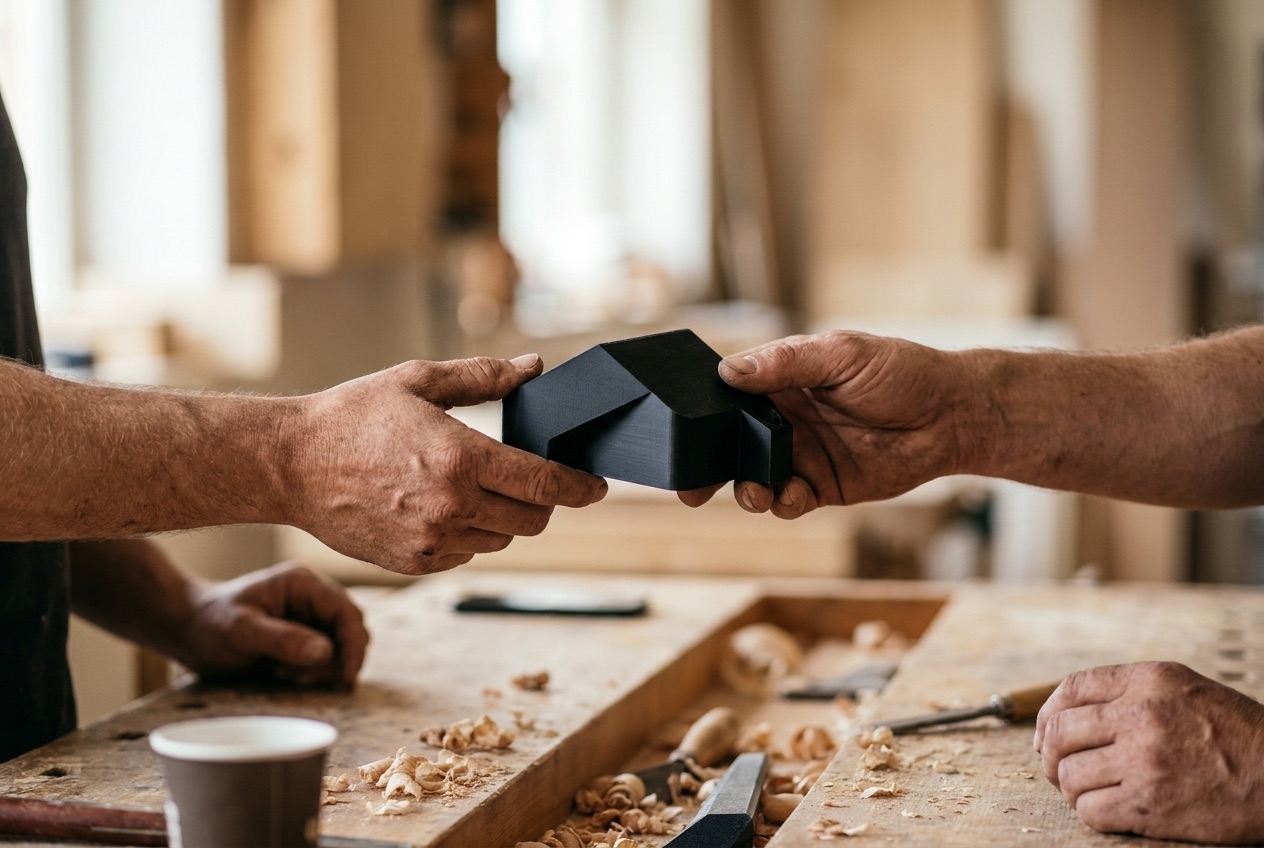 Une pièce imprimée en 3D passe de main en main au comptoir de l'atelier